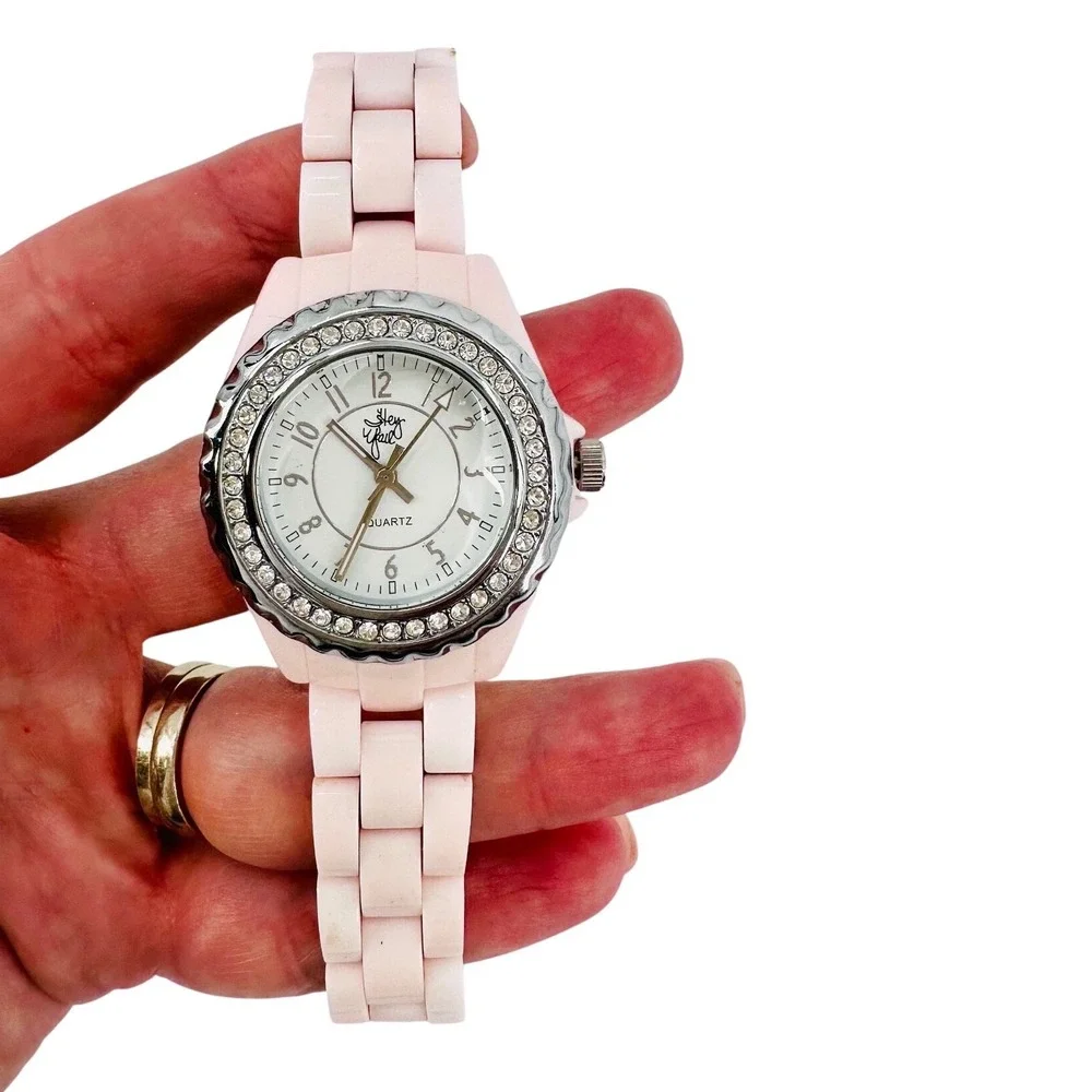 Michael Ross Hey Y'all Womens Bracelet Watch Pale Pink Resin Band Crystal Bezel